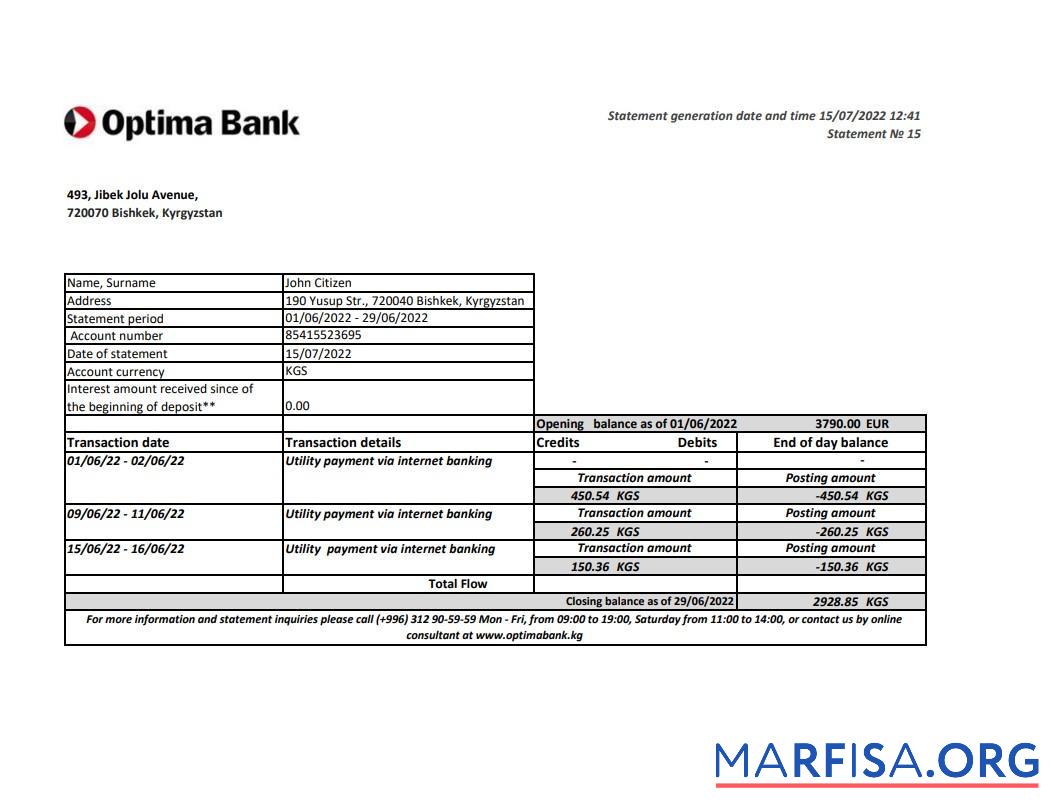 Printable Kyrgyzstan Optima bank statement excel download for verification
